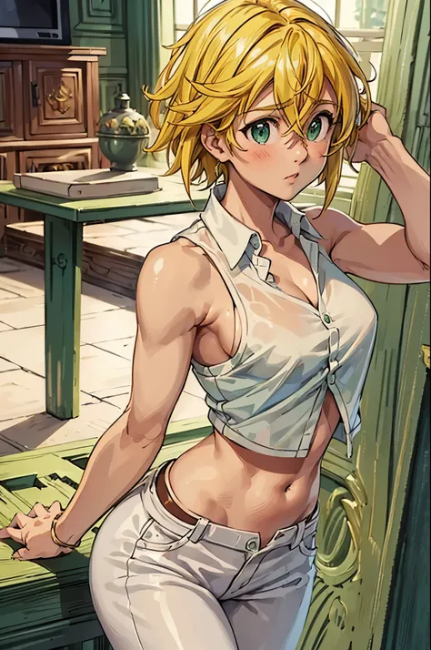 (masterpiece, best quality:1.2), expressive eyes, perfect face, highres, 1girl, solo, (female:1.5), meliodas_nanatsu_no_taizai, blonde hair, medium hair, green eyes, white shirt, sleeveless vest, white pants, blushing, worried face, standing, portrait, loo...