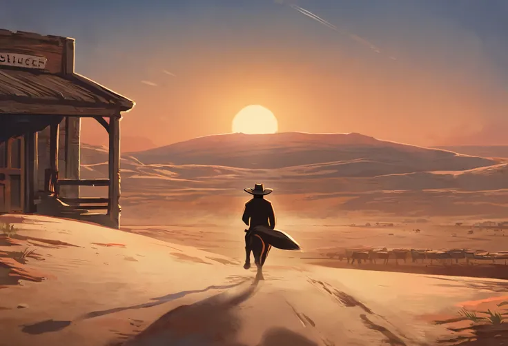 top quality, best quality, High-quality illustrations, masterpiece, super high resolution, detailed background, The desolate and rugged desert landscape at sunset, with the sky turning shades of red and the dry earth stretching into the distance, Cowboys r...