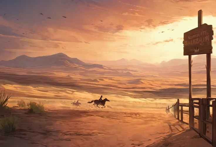 top quality, best quality, High-quality illustrations, masterpiece, super high resolution, detailed background, The desolate and rugged desert landscape at sunset, with the sky turning shades of red and the dry earth stretching into the distance, Cowboys r...