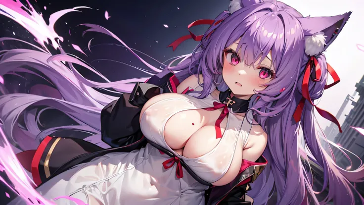 Fox Girl, Big Breasts, Voluminous purple hair, masterpiece , Red eyes、Double teeth、tooth、Blushed cheeks、 hd, from head to chest, buried in my chest、Underbust、Borderline Tank Top、Hair Ribbon, Titty fuck