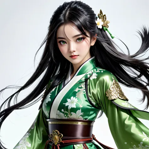 1 girl, heroine, handsome, splashed ink, chinese armor, (upper body), black hair, floating hair, delicate eyes, black and green ...