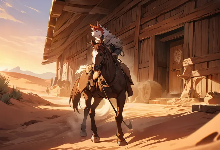 top quality, best quality, High-quality illustrations, masterpiece, super high resolution, detailed background, The desolate and rugged desert landscape at sunset, with the sky turning shades of red and the dry earth stretching into the distance, Cowboys r...