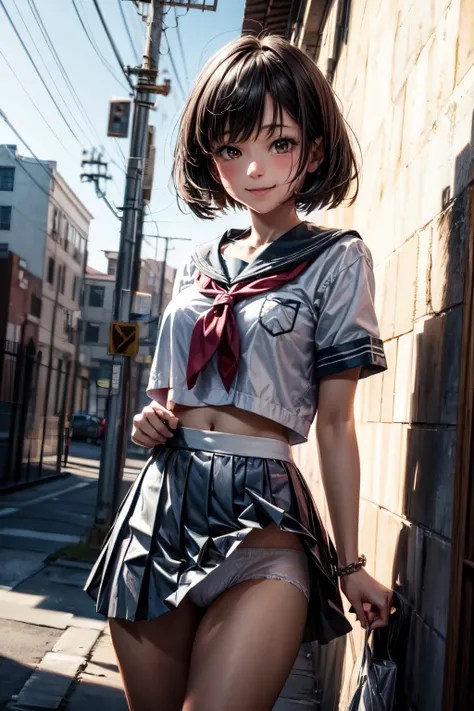 very cute and beautiful girl,(highly detailed beautiful face),(smile:1.2),blush,black hair,
standing,serafuku,pleated navy blue mini skirt,skirt lift,(white panties),
summer,school rooftop,building,chain-link fence,
(best quality,masterpiece:1.0),absurdres...