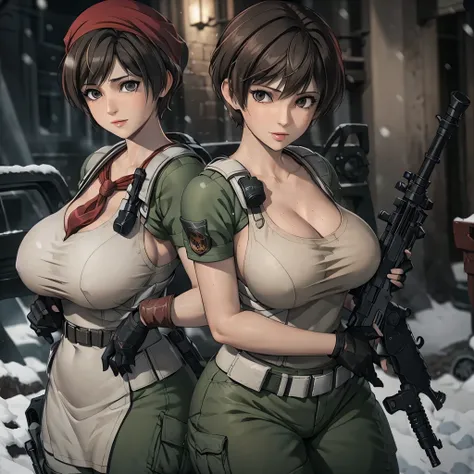 Rebecca chambers attractive huge breasts thick lips tight military outfit wearing red bandana on head in city night snowing holding medkit