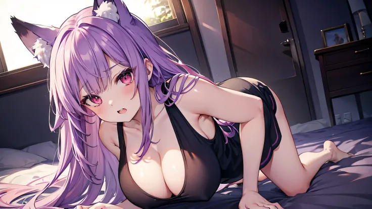 Fox Girl, Big Breasts, Voluminous purple hair, masterpiece , Red eyes、Double teeth、tooth、Blushed cheeks、 hd, from head to chest, buried in my chest、Underbust、Borderline Tank Top, On all fours