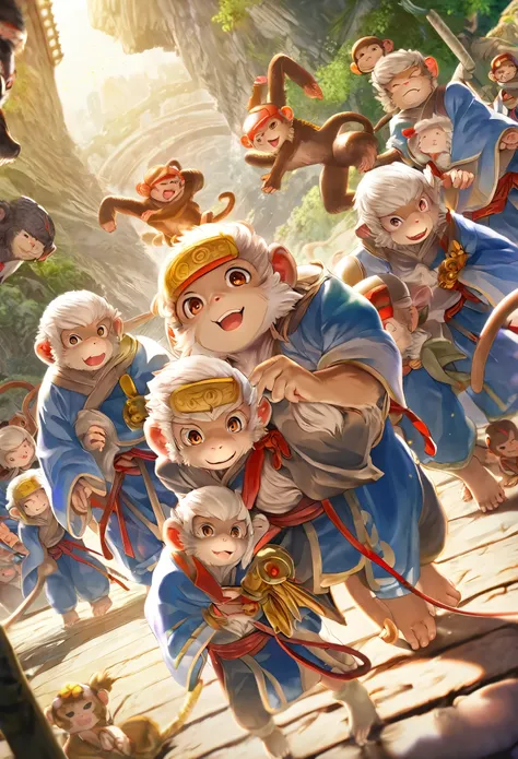 dynamic angle, top quality, best quality, High-quality illustrations, masterpiece, super high resolution, detailed background, detailed background, Monkey A Journey to the West, action, group shot:0.1, 6+boys, 6+girls, absurdres(highly detailed beautiful f...