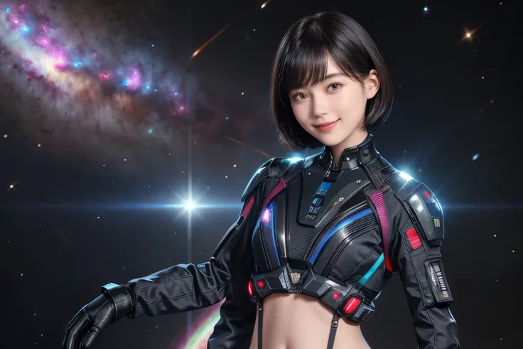 213 Short Hair, 20-year-old woman, A kind smile, Floral, Futuristic clothing, machinery suit, (The background is a galaxy and nebula), ((Belly-revealing clothing))