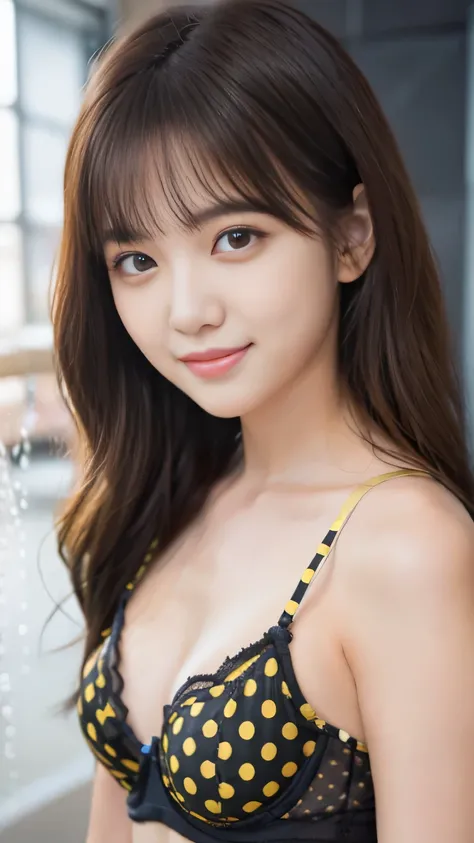 In 8K、超A high resolution、highest quality、Tabletop、Ultra-high resolutionIn 8K、超A high resolution、highest quality、Tabletop、Ultra-high resolution(Small chest:1.3)(Yellow and black polka dot bra:1.35)(Shower room:1.1)、(Young Japan woman with dark hair、short ha...