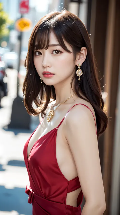 1 female, Beautiful Japanese actresses, Age 25, Double Eye,mile, Detailed face, Big earrings，Large Necklace, Flashy makeup using red eyeshadow，light brown delicate middle cut hair，The tips of the hair are wavy，Classy hairstyle，Fine grain,Slender actress, S...