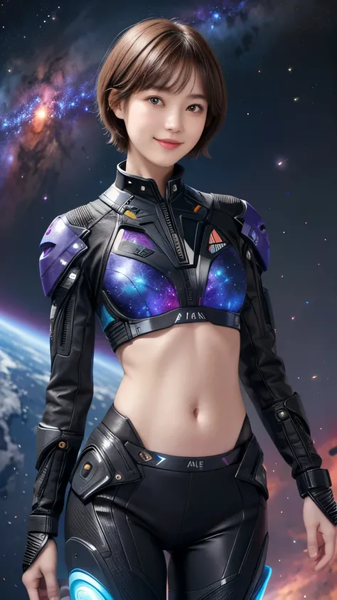 213 Short Hair, 20-year-old woman, A kind smile, Floral, Futuristic clothing, machinery suit, (The background is a galaxy and nebula), ((Clothes that show the stomach))