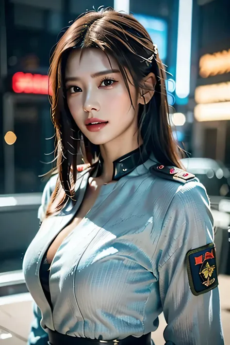 (((Cyberpunk female soldier:1.3))),(((Beautiful woman in military uniform standing in a destroyed cyber city of the future:1.3))),Close-up,open the chest,Chest slip,Emphasize large breasts,Closed lips,Detailed clothing features,Detailed hair features,Detai...