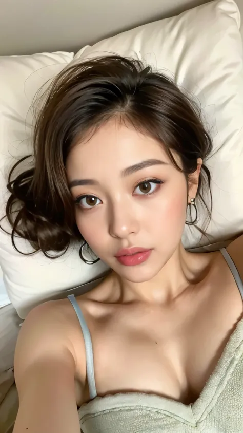 ((highest quality, 8k, masterpiece: 1.3)), One Girl, The beauty of slim abs: 1.3, ( casual and cute hairstyle: 1.2), : 1.1, Beautiful Face, Details, double eyelid, With earrings, Bedroom, Concert Make-up, ((bare small breasts, Cute Breasts)), (Lying in bed...