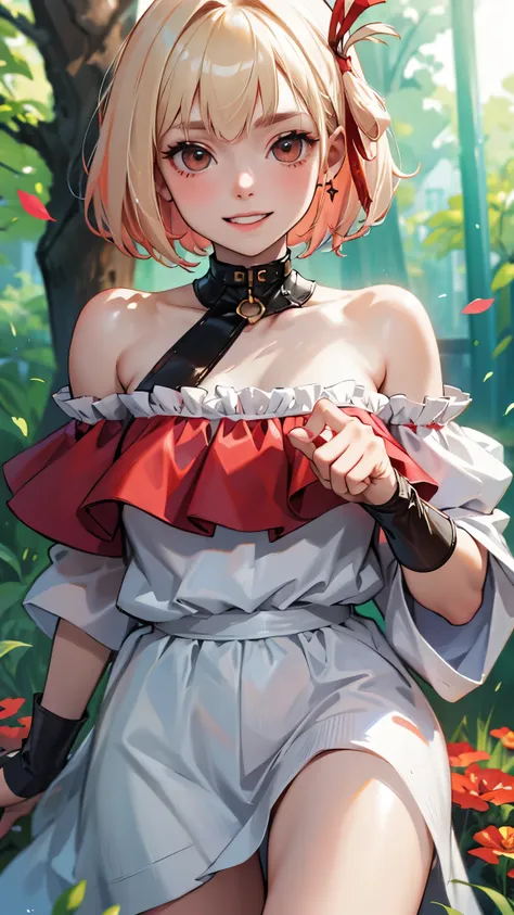 1 girl、Senzoku Nishikigi、short hair、bangs、blonde、Red, round eyes、One side up、Bobcut、clavicle、Red hair ribbon、off-the-shoulder white shirt、Frills、Short pigtails、Outdoor、Grin、Beautiful fine details:1.6、Highly detailed face、Perfect lighting、Extremely detailed...