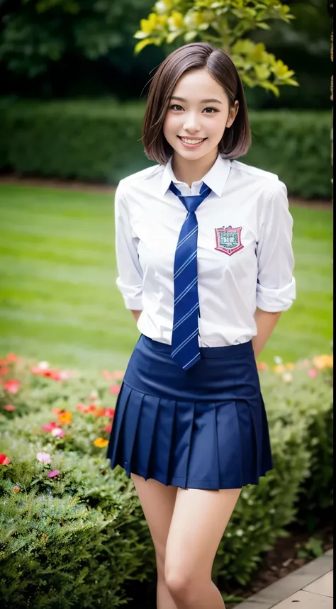 ((Girls High School Uniforms))、((１people))、short hair、Close to the topic、((School flower beds)))、(((smile)))、(((Girls High School)))、((Beautiful girl))、((Sexy pose))、Photorealistic、Beautiful fine details、Hyperrealism、High Contrast、Ultra HD、Realistic skin t...