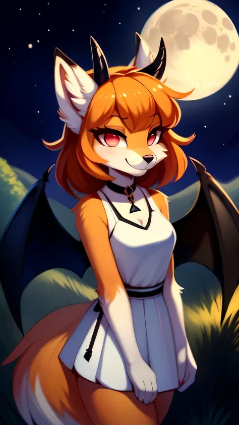 Nervous smiling, uploaded the e621, beautiful and detailed, woman (((female))) ((anthro)) Fox, (Fox girl), by waspsalad, by phluks, by zero-sum, night, full moon, hills, cinematic lighting, Fox, (anthro, fluffy fur, character focus:1.1), 1girl, anthro fox ...