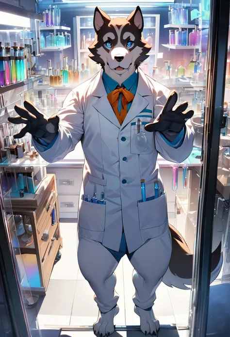 top quality, best quality, masterpiece, super high resolution, detailed background, good lighting((colorful water in test tube))laboratory, absurdres, perfect anatomy(handsome 1boy, kemono, doctor, white coat)(anthro, Furry body, dog facial features, dog b...