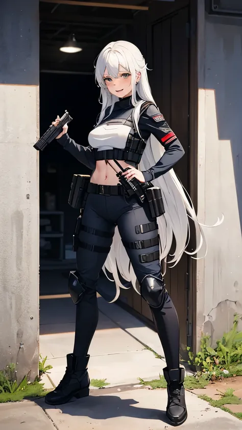 female model, dirty white hair, sweaty, slutty, medium perfect , wearing modern tactical body armour, happy and excited, great composition. sexy pose, at airsoft field, very slutty military outfit, masterpiece, vibrant, professional photo, full body, holdi...