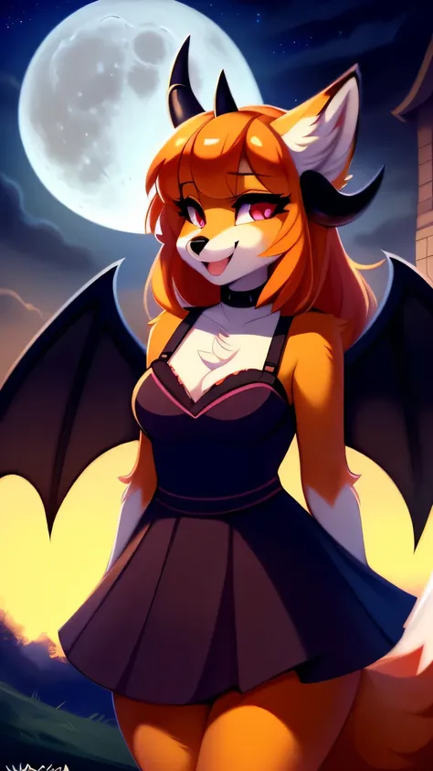 open smile, uploaded the e621, beautiful and detailed, woman (((female))) ((anthro)) Fox, (Fox girl), by waspsalad, by phluks, by zero-sum, night, full moon, hills, wind, cinematic lighting, Fox, (anthro, fluffy fur, character focus:1.1), 1girl, anthro fox...