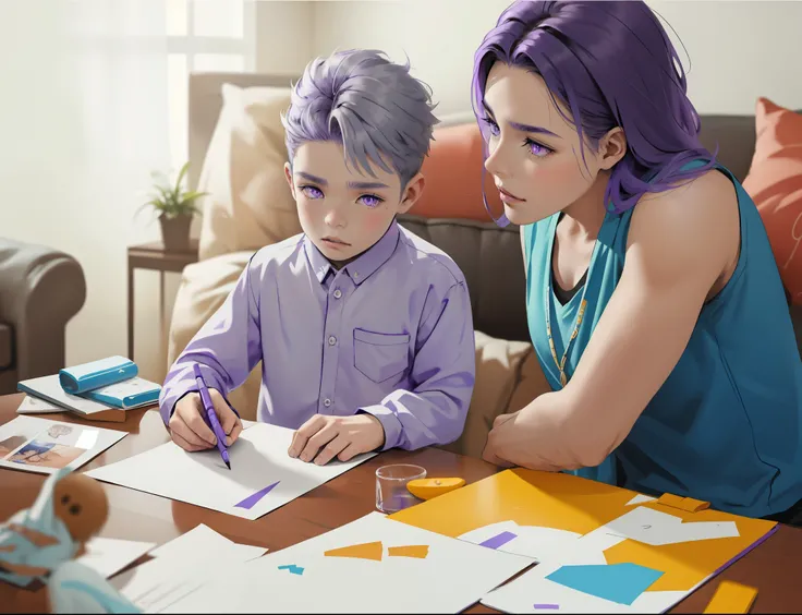 There is an 8 year old boy with purple hair, purple eyes, and his mother with gray hair and gray eyes, they are drawing and talking.