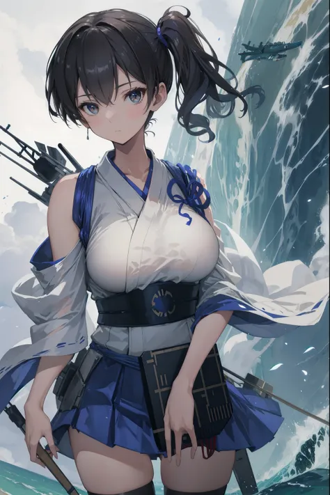 kaga(fleet collection),highest quality, masterpiece, high resolution,kimono,blue skirt,side ponytail,big_breasts,