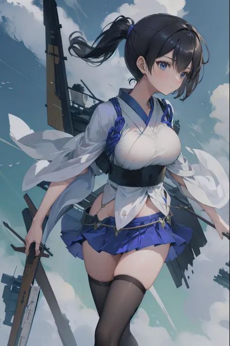 kaga(fleet collection),highest quality, masterpiece, high resolution,kimono,blue skirt,side ponytail,big_breasts,