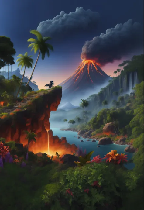 cliff with vegetation and a volcano