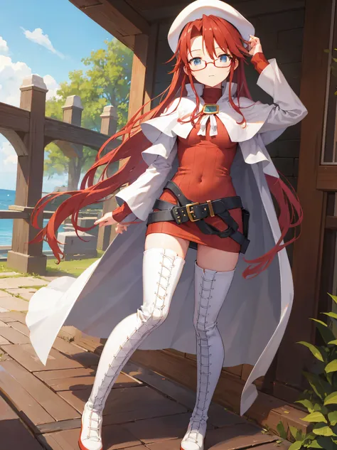 summonnightaty, aty, long hair, blue eyes, red hair, beret, hat, glasses,
BREAK long hair, thighhighs, hat, dress, boots, glasses, belt, cape, sweater, zettai ryouiki, beret, thigh boots, white footwear, ribbed sweater, loose belt,solo,
BREAK outdoors, fan...