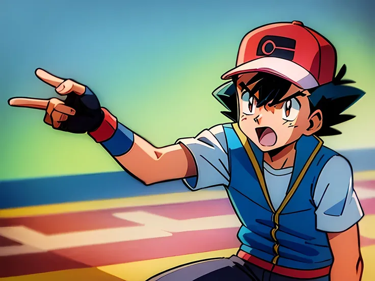 pokemonketchum, angry, open mouth, looking to rigth, 3/4 view, baseball cap, close up, blue jacket, sleeveless jacket, masterpiece, best quality, shirt, short sleeves, pants, fingerless gloves, 1990s style