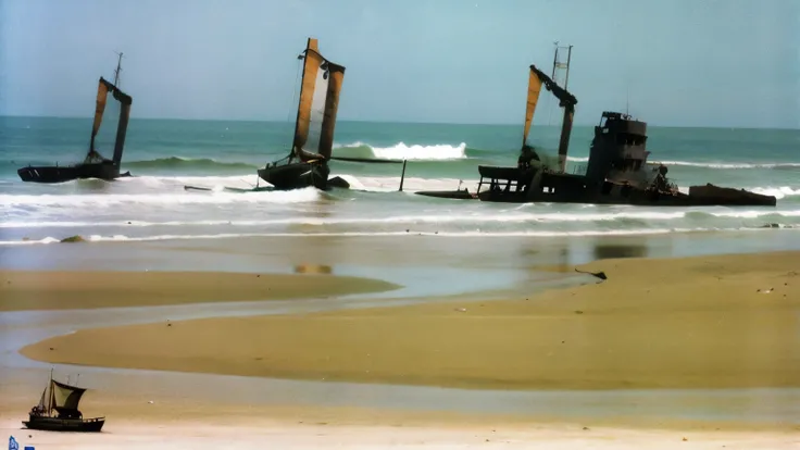 there are two ships that are stopped on the beach, fundo do mar dragado, Shipwrecks, portrait of a Navio afundado, Shipwreck, submarino encalhado, Shipwreck de navio alienígena, meio submerso em areia pesada, retrato n - 9, taken in the late 1980s, 1 9 7 9...