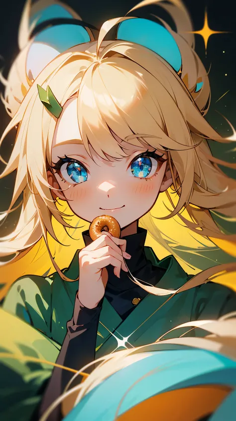 Single Portrait, 20-year-old woman, smile, impression, (oil), Green and orange tones, String Maki, hairpin, Blonde, Long Hair, (Sparkling blue eyes)、Ahoge、Eating a donut