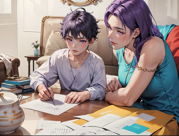 There is a 7 year old prince boy and his mother in a palace talking, they have purple hair, purple eyes. (a  with his mother