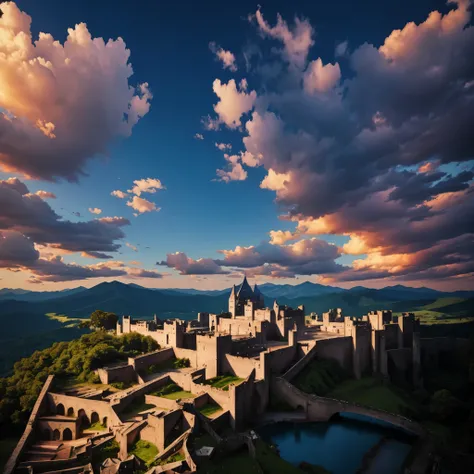 gigantic landscape of castles and forests and mountains, kingdom, bright summer day, clear blue sky,