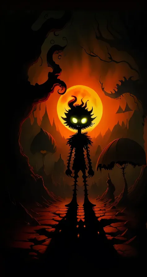 (masterpiece, best quality), Digital art, detailed, high resolution, shadows, nightmare staring down the viewer on a dark night with a full moon, "Shadows of Brimstone" art style, art by Tim Burton, HD, 4k