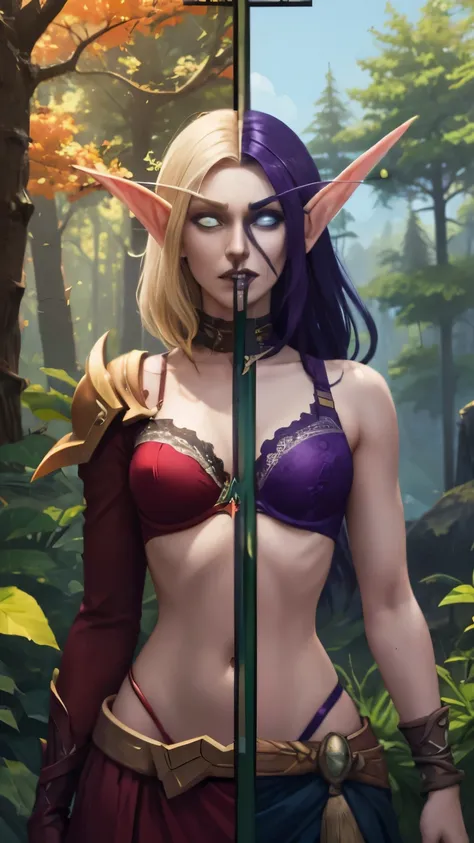 (Masterpiece, highly detailed, highly quality,  highly resolutions), SplitScreen, split screen, BREAK nightelf, angry, clenched teeth, glowing eyes, blue eyes, Purple Hair, colored skin, mature female, purple bra, navel, purple spike shoulder pad, platinum...