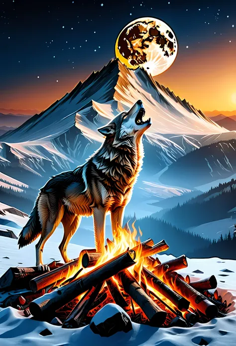 drkfntasy, faize, a National Geographic style, picture of bonfire at dawn on top of snowy mountain, you can see the moon  and the stars, an image of a wolf howling in the background, high details, best quality, highres, ultra wide angle