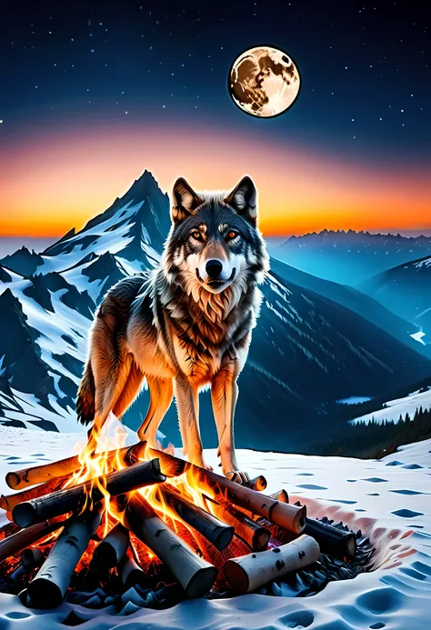 drkfntasy, faize, a national geographic style, picture of bonfire at dawn on top of snowy mountain, you can see the moon  and th...