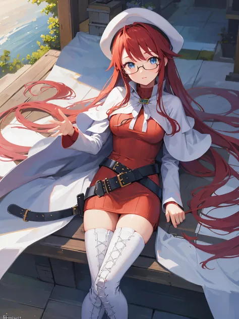 summonnightaty, aty, long hair, blue eyes, red hair, beret, hat, glasses,
BREAK long hair, thighhighs, hat, dress, boots, glasses, belt, cape, sweater, zettai ryouiki, beret, thigh boots, white footwear, ribbed sweater, loose belt,solo,
BREAK outdoors, fan...