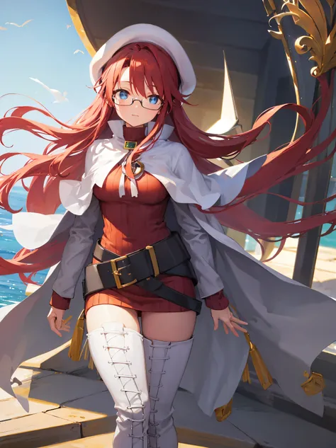 summonnightaty, aty, long hair, blue eyes, red hair, beret, hat, glasses,
BREAK long hair, thighhighs, hat, dress, boots, glasses, belt, cape, sweater, zettai ryouiki, beret, thigh boots, white footwear, ribbed sweater, loose belt,solo,
BREAK outdoors, fan...