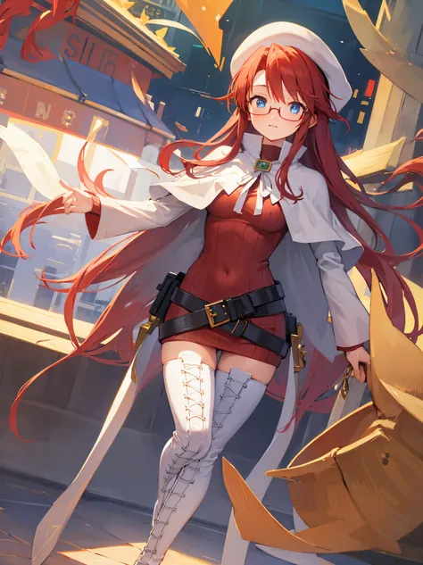 summonnightaty, aty, long hair, blue eyes, red hair, beret, hat, glasses,
BREAK long hair, thighhighs, hat, dress, boots, glasses, belt, cape, sweater, zettai ryouiki, beret, thigh boots, white footwear, ribbed sweater, loose belt,solo,
BREAK outdoors, fan...