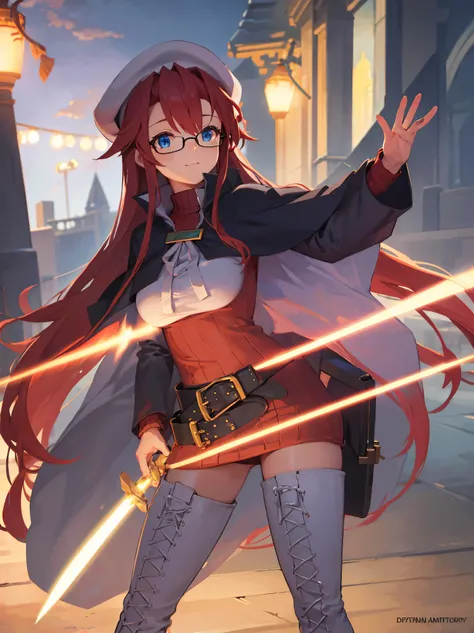 summonnightaty, aty, long hair, blue eyes, red hair, beret, hat, glasses,
BREAK long hair, thighhighs, hat, dress, boots, glasses, belt, cape, sweater, zettai ryouiki, beret, thigh boots, white footwear, ribbed sweater, loose belt,solo,
BREAK outdoors, fan...