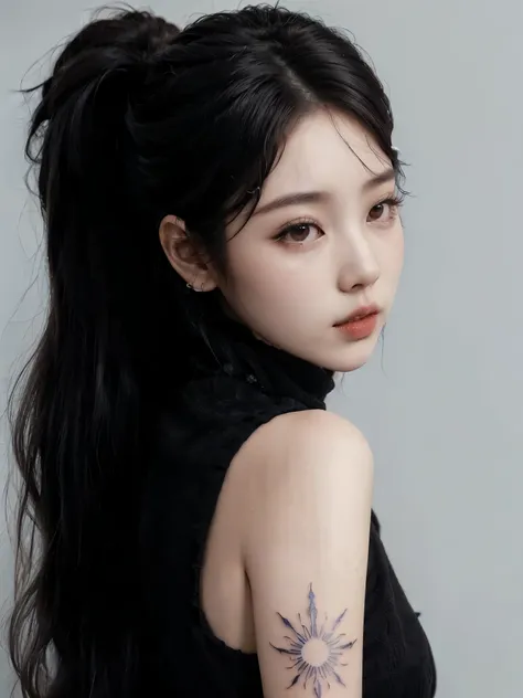 un primer plano de una mujer con un tatuaje en el brazo, jinyoung shin, maquillaje popular de corea del sur, hermosa mujer surco...