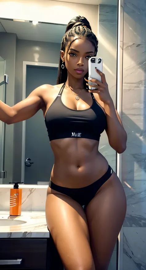 (best quality,highres:1.2),ultra-detailed,realistic:1.37,African American,dark complexion female,beautiful detailed eyes,beautiful detailed lips,extremely detailed face,long eyelashes,long,straight black hair,lip gloss,muscular body,thick thighs,small brea...