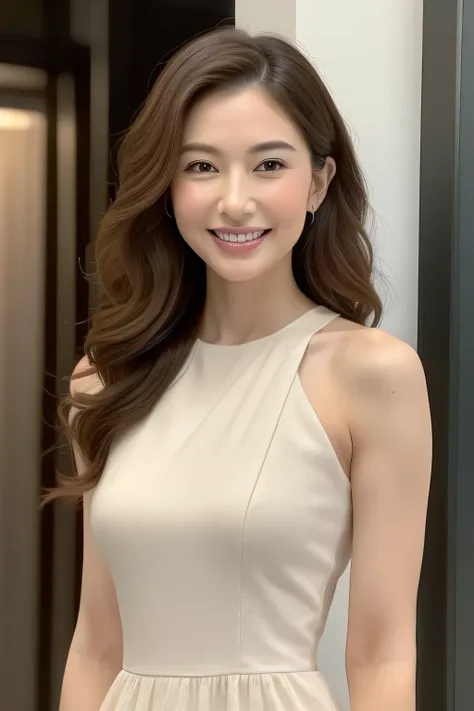 ((Best quality, 8K, Masterpiece :1.3)), 1 woman with an exquisite figure: 1.3, (long, wavy hair: 1.2), slim waist: 1.2, detailed facial features: 1.4, soft, glowing skin texture: 1.5, wearing a chic, elegant dress: 1.1, standing confidently with a gentle s...