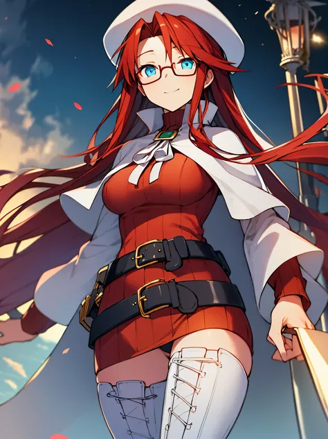 summonnightaty, aty, long hair, blue eyes, red hair, beret, hat, glasses,
BREAK long hair, thighhighs, hat, dress, boots, glasses, belt, cape, sweater, zettai ryouiki, beret, thigh boots, white footwear, ribbed sweater, loose belt,solo,
BREAK outdoors, fan...