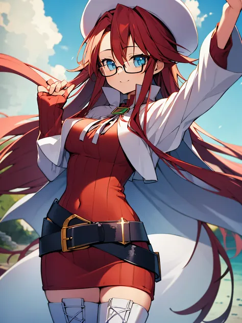 summonnightaty, aty, long hair, blue eyes, red hair, beret, hat, glasses,
BREAK long hair, thighhighs, hat, dress, boots, glasses, belt, cape, sweater, zettai ryouiki, beret, thigh boots, white footwear, ribbed sweater, loose belt,solo,
BREAK outdoors, fan...