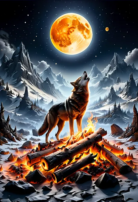 drkfntasy, faize, bj_full_moon a national geographic style, picture of bonfire at dawn on top of snowy mountain, you can see the...