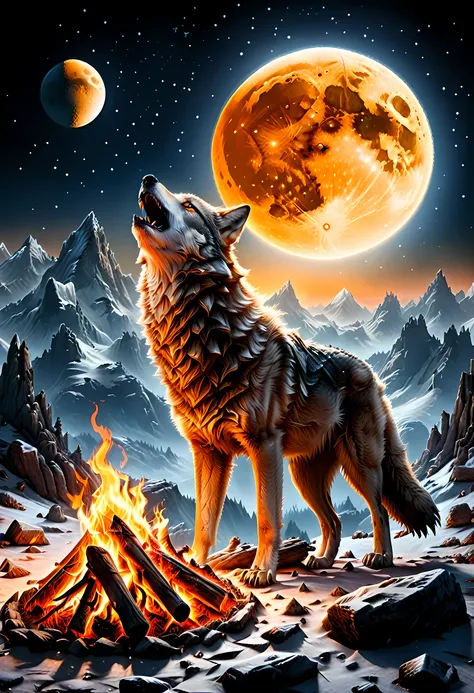 drkfntasy, faize, bj_full_moon a national geographic style, picture of bonfire at dawn on top of snowy mountain, you can see the...