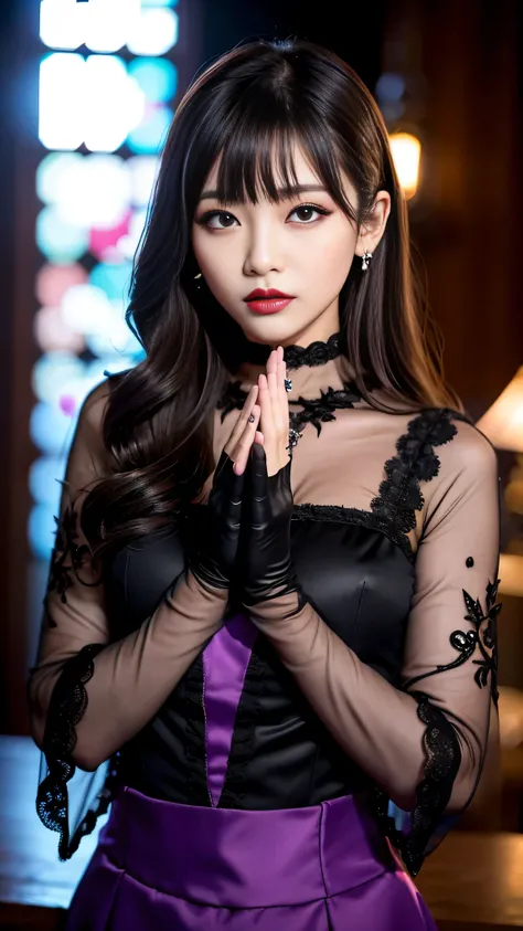 tra-detailed、Japanese、Attractive beauty、seductive adult woman、Pretty Woman、cool girl、brown hair、wavy hair、swept bangs、piercing eyes、hollow eyes、half-closed eyes、Hollow Eyes、Purple Eyeshadow、black lipstick、black lip gloss、dark makeup、smirk、Evil expression、B...