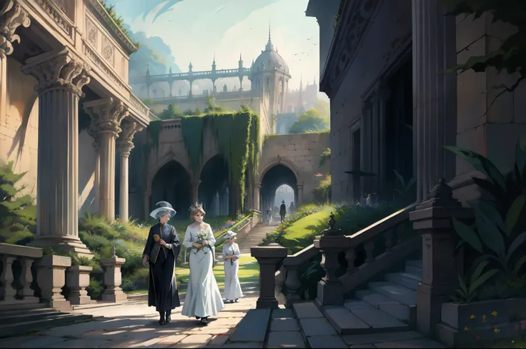 There are two women, a queen and a lady from the 20th century, walking through the gardens of a palace.