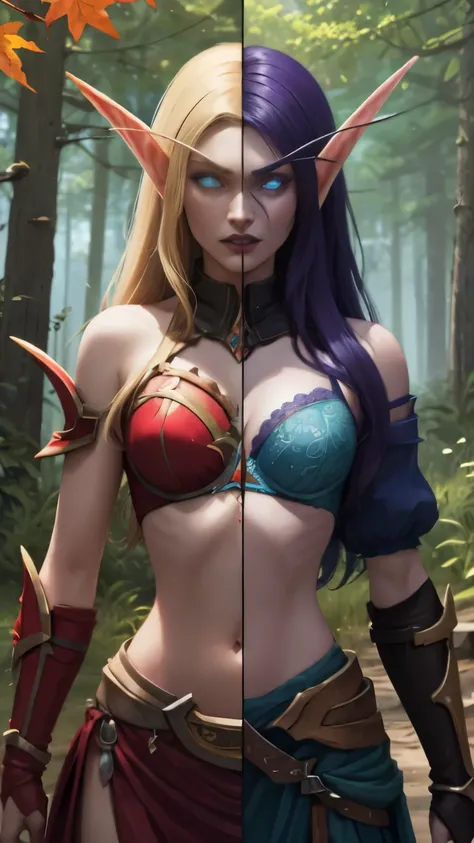 (Masterpiece, highly detailed, highly quality,  highly resolutions), SplitScreen, split screen, BREAK nightelf, angry, clenched teeth, glowing eyes, blue eyes, Purple Hair, colored skin, mature female, purple bra, navel, purple spike shoulder pad, platinum...